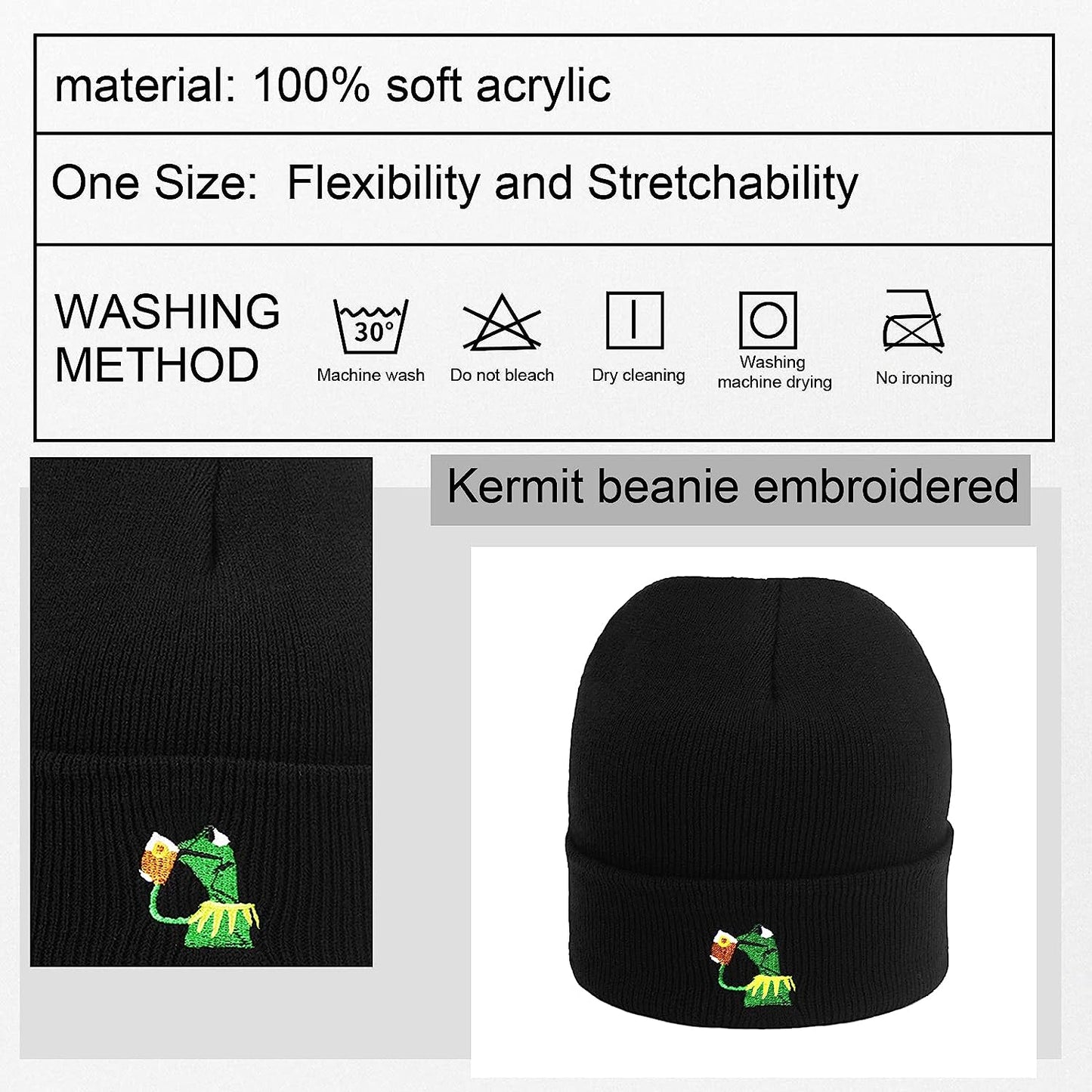 Winter Kermit the Frog Sipping Tea Beanie Warm Soft Oversized Thick Cable Knitted Hat Unisex Cuffed Skull Knit Caps…