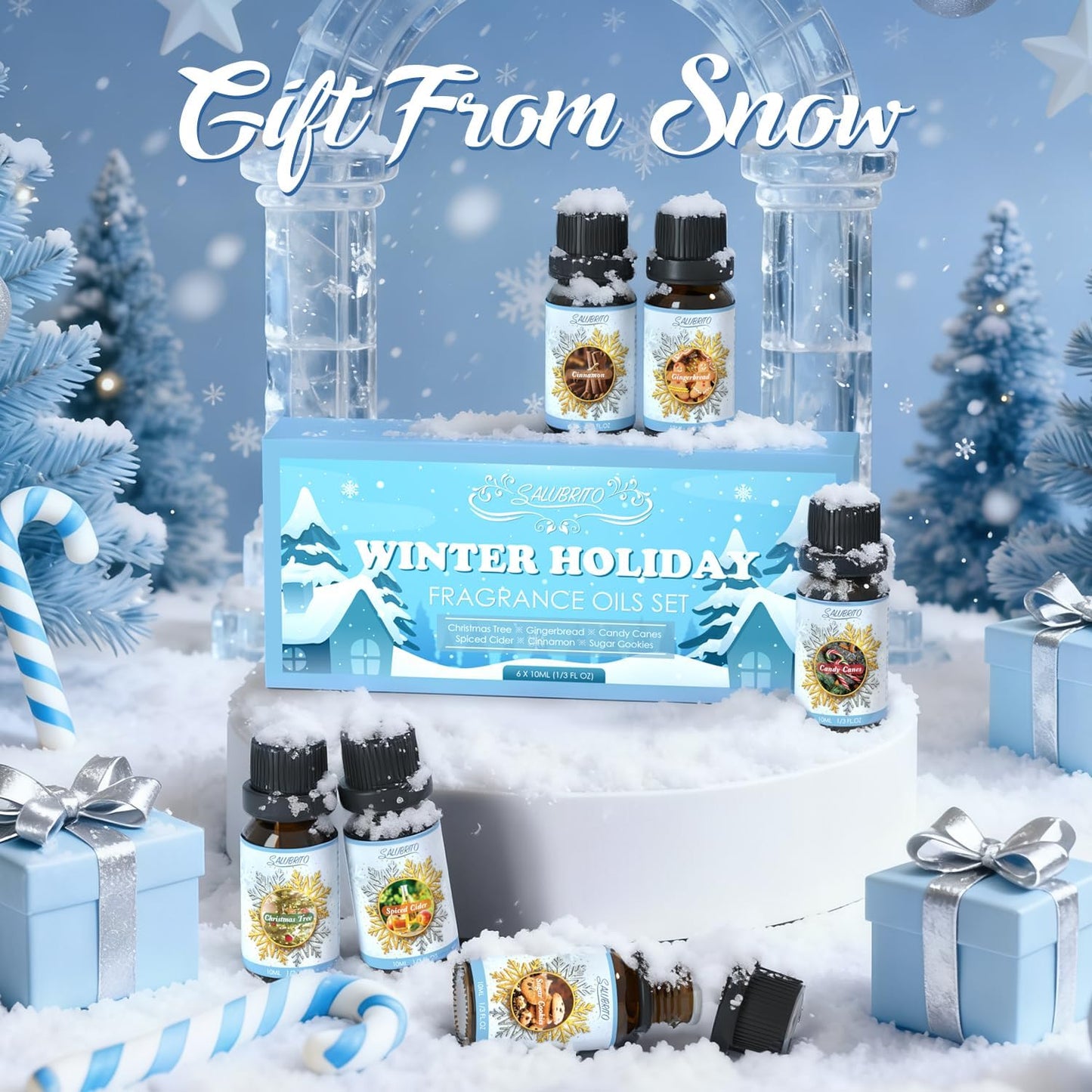 Winter Fragrance Oils Set, Holiday Essential Oils for Diffuser, Candle, Soap Making - Christmas Tree, Cinnamon, Gingerbread, Candy Cane, Spiced Cider, Sugar Cookies Scented Oil