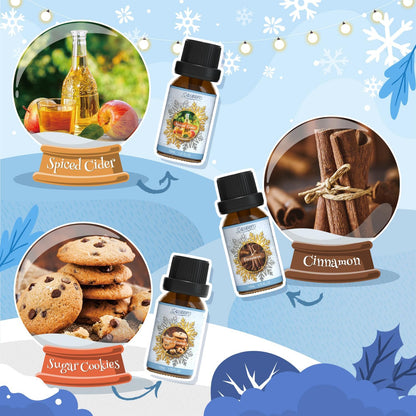 Winter Fragrance Oils Set, Holiday Essential Oils for Diffuser, Candle, Soap Making - Christmas Tree, Cinnamon, Gingerbread, Candy Cane, Spiced Cider, Sugar Cookies Scented Oil
