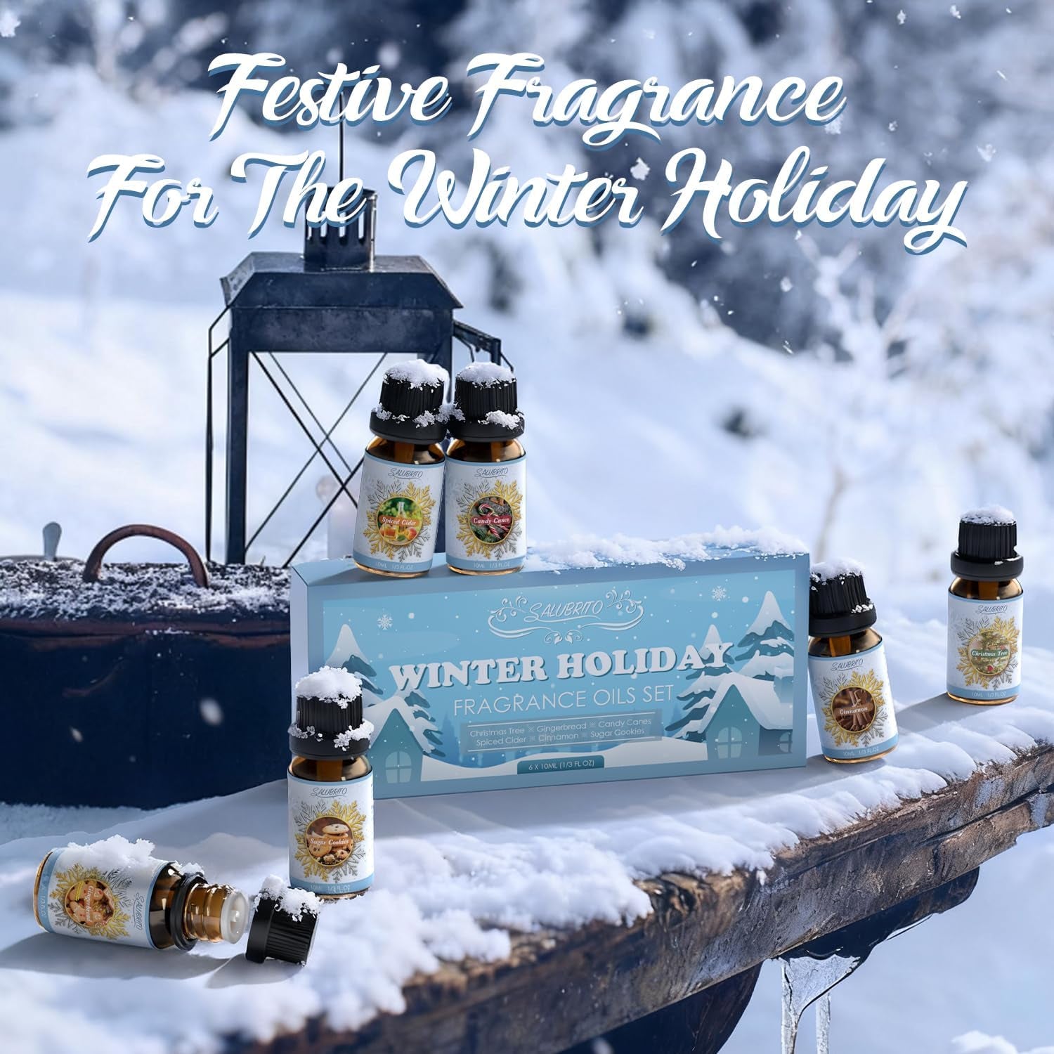 Winter Fragrance Oils Set, Holiday Essential Oils for Diffuser, Candle, Soap Making - Christmas Tree, Cinnamon, Gingerbread, Candy Cane, Spiced Cider, Sugar Cookies Scented Oil