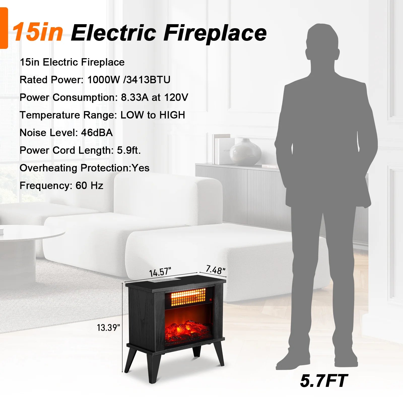 CLEARANCE Heaters for Inside,  15''L Compact Space Heater Portable, 1000W Electric Fireplace Heaters with Virtual Flame, as Christmas Gift