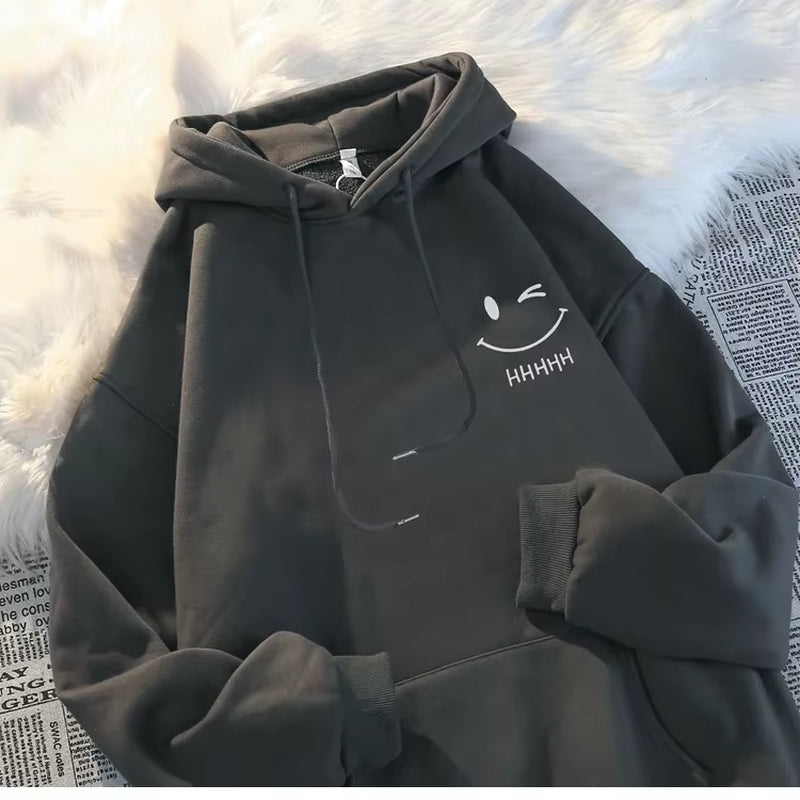 Women'S Smiling Face Funny Fashion Couple Hooded Sweater American Heavyweight Loose Thickened Cashmere Boys' Hoodie Pullover Top