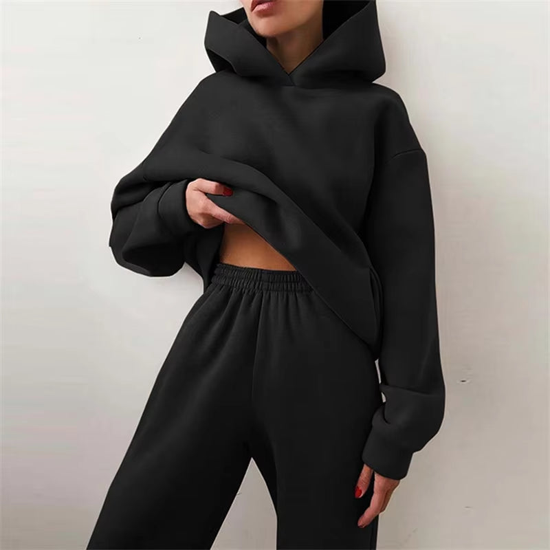 Women'S Oversized Tracksuit Set Warm Autumn Fashion Hoodie Sweatshirts & Long Pants Casual Two-Piece Solid Hoody Pullover Outfit