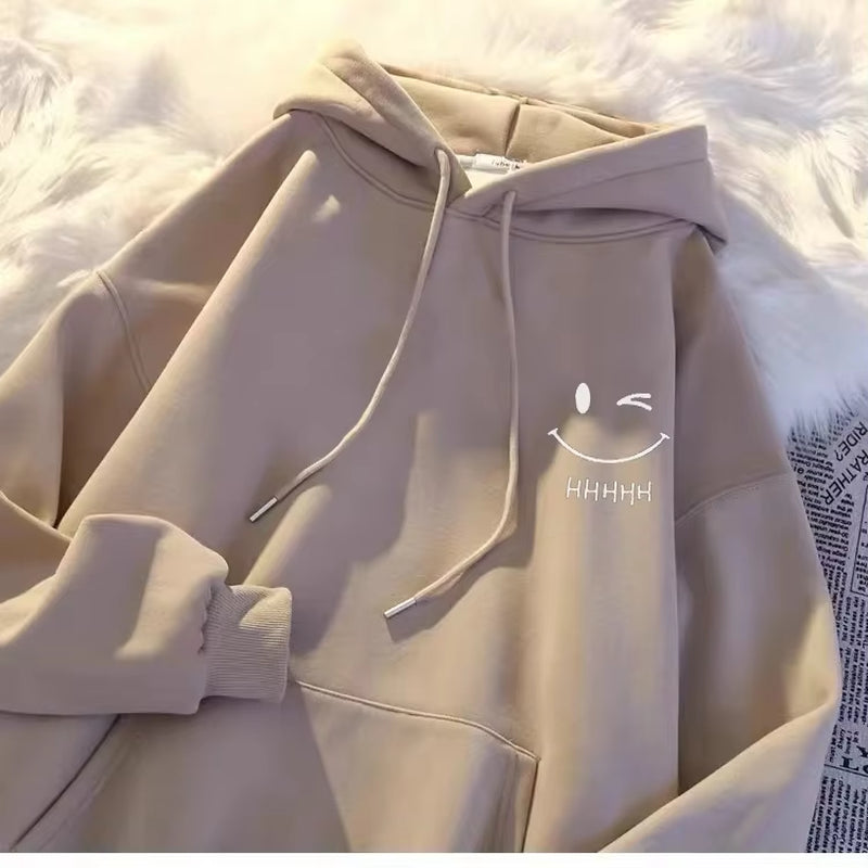Women'S Smiling Face Funny Fashion Couple Hooded Sweater American Heavyweight Loose Thickened Cashmere Boys' Hoodie Pullover Top