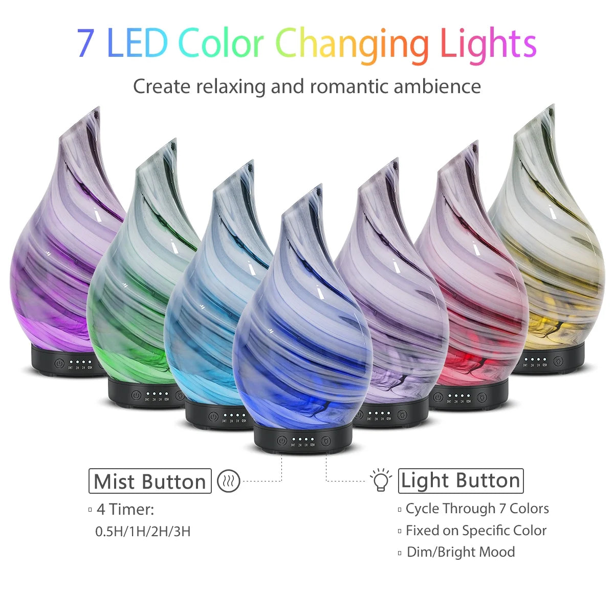 Essential Oil Diffuser 120Ml Ultrasonic Aromatherapy Diffuser with Handmade Glass BPA Free Waterless Auto-Off, 4 Timer Setting 7 Colors Changed LED for Home Yoga Office