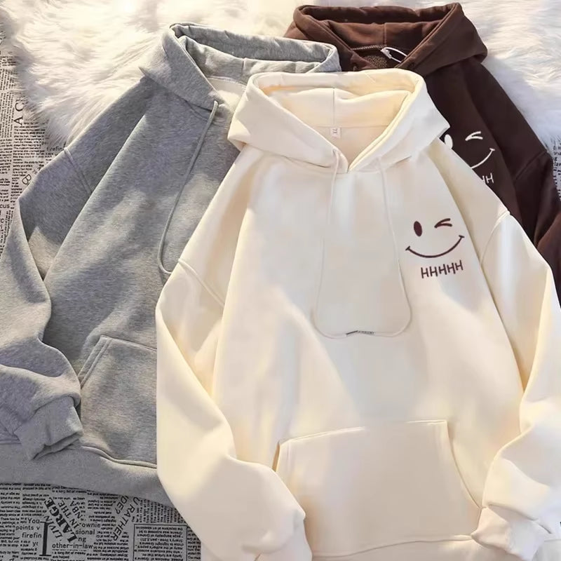 Women'S Smiling Face Funny Fashion Couple Hooded Sweater American Heavyweight Loose Thickened Cashmere Boys' Hoodie Pullover Top