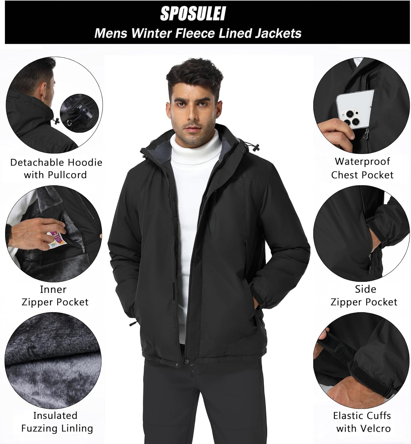 Mens Skiing Jackets with Hoode Snowboarding Waterproof Fleece Liner Coats Windproof Winter Raincoat Multi Pockets
