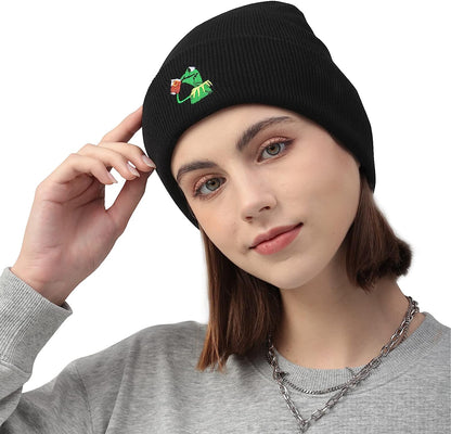 Winter Kermit the Frog Sipping Tea Beanie Warm Soft Oversized Thick Cable Knitted Hat Unisex Cuffed Skull Knit Caps…