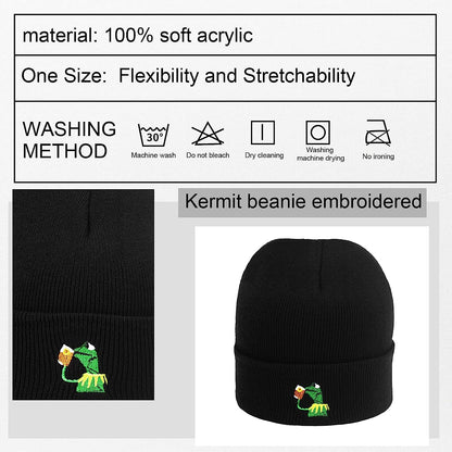 Winter Kermit the Frog Sipping Tea Beanie Warm Soft Oversized Thick Cable Knitted Hat Unisex Cuffed Skull Knit Caps…