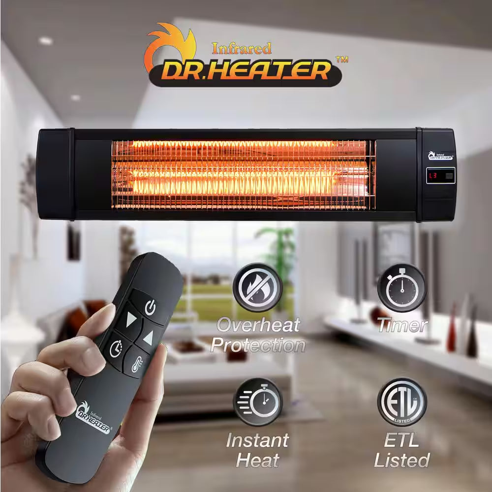 1500-Watt Electric Carbon Infrared Space Heater Indoor Outdoor Patio Garage Wall or Ceiling Mount with Remote, Black