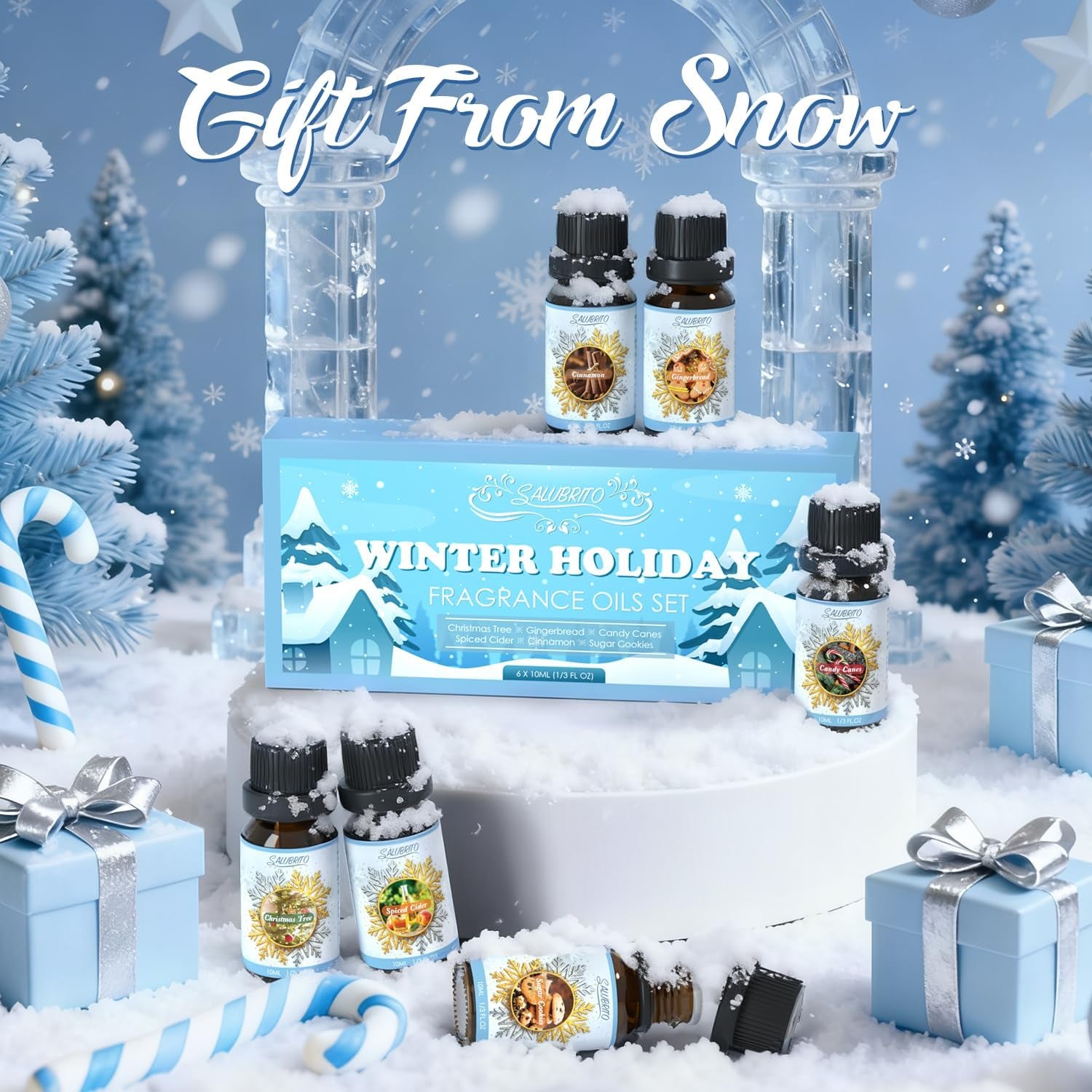 Winter Fragrance Oils Set, Holiday Essential Oils for Diffuser, Candle, Soap Making - Christmas Tree, Cinnamon, Gingerbread, Candy Cane, Spiced Cider, Sugar Cookies Scented Oil