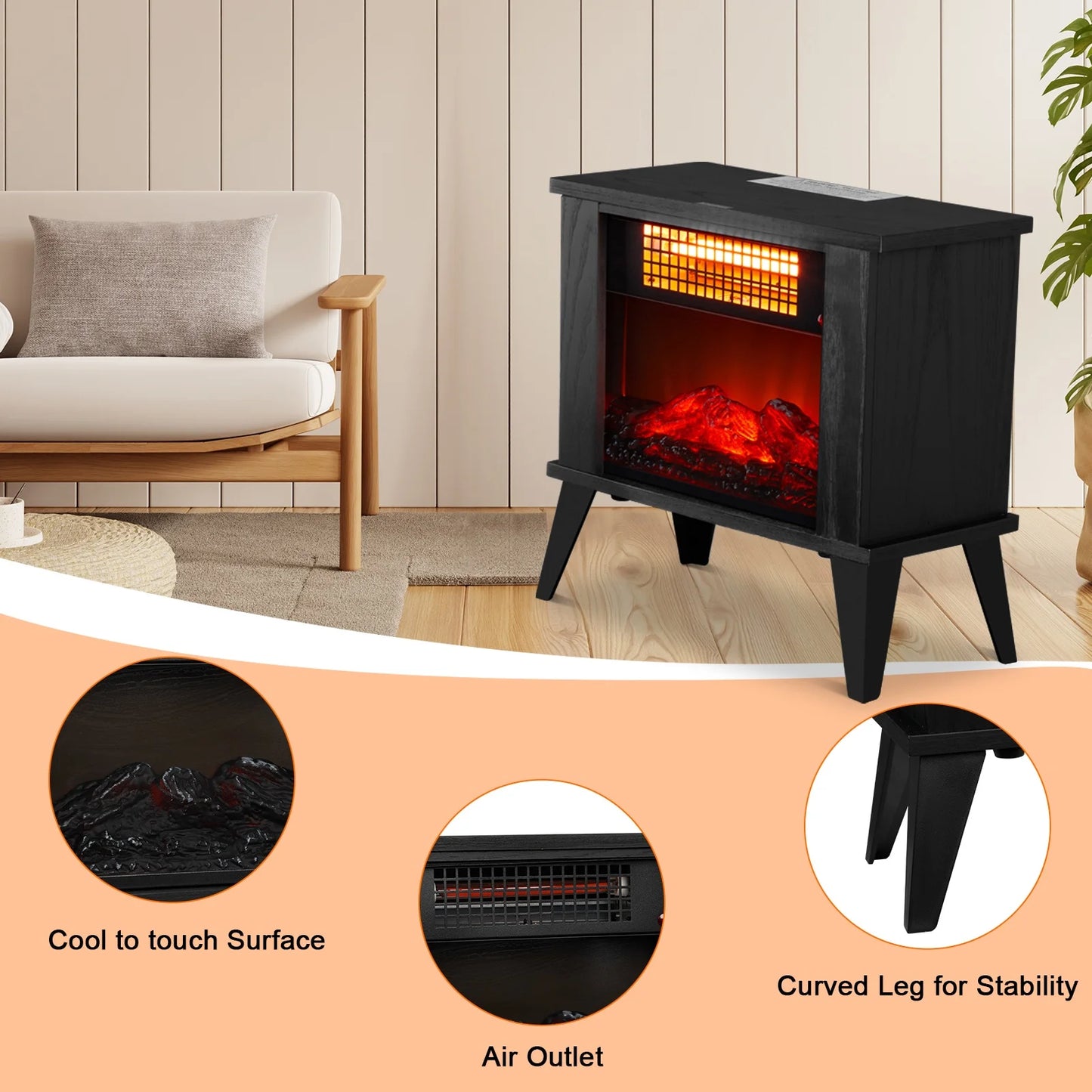 CLEARANCE Heaters for Inside,  15''L Compact Space Heater Portable, 1000W Electric Fireplace Heaters with Virtual Flame, as Christmas Gift